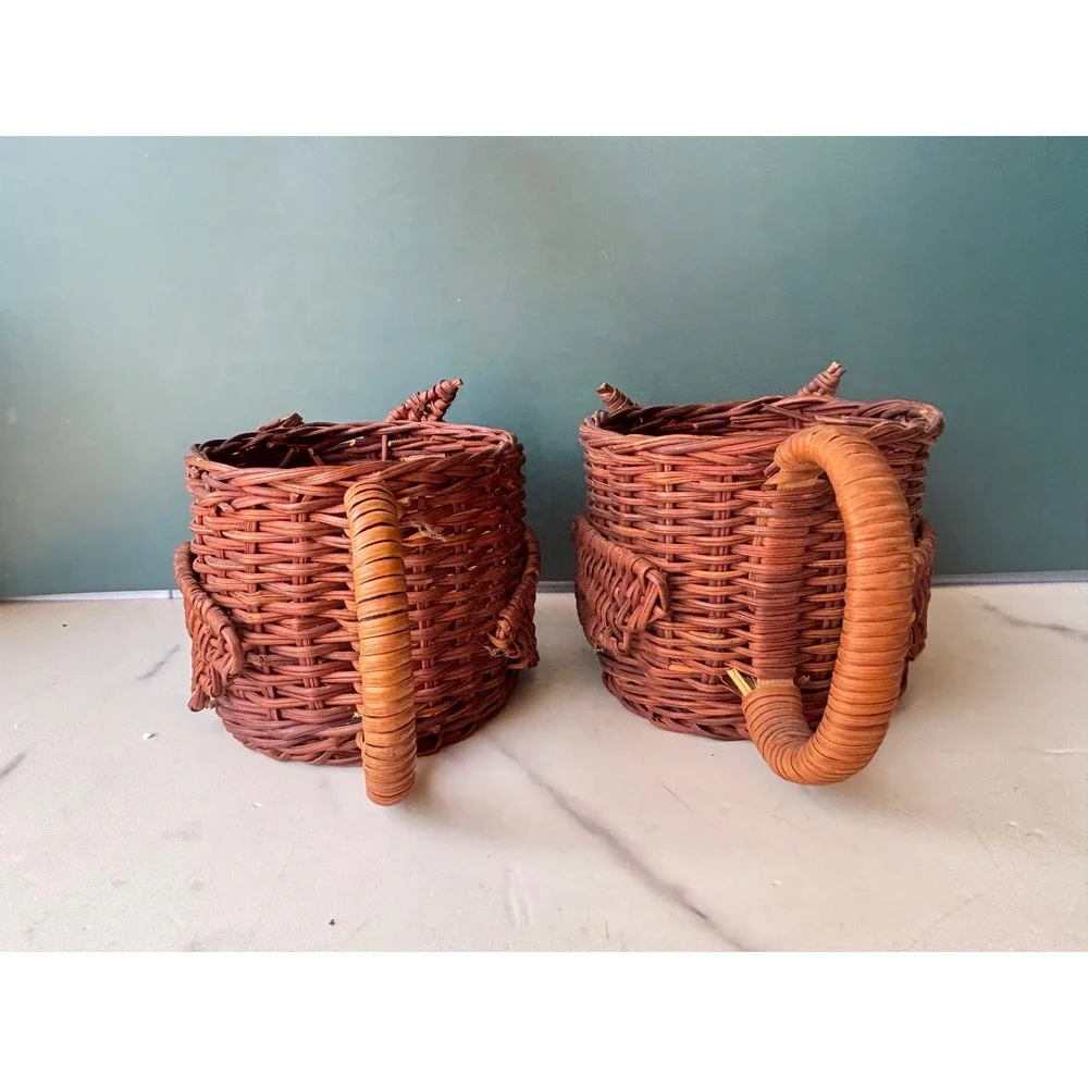 Vintage Owl Wicker Basket Cups Set of 2 Brown Woven Boho Storage Handles